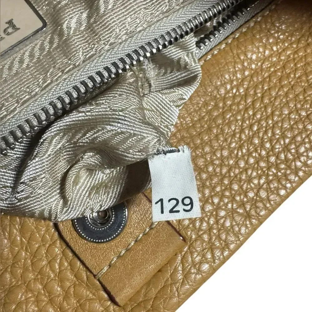 PRADA Caramel Brown Vitello Daino Leather Bucket Bag Luggage Tag Auth